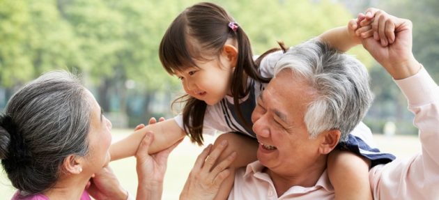 Chinese Grandparents Giving Granddaughter Ride On Shoulders